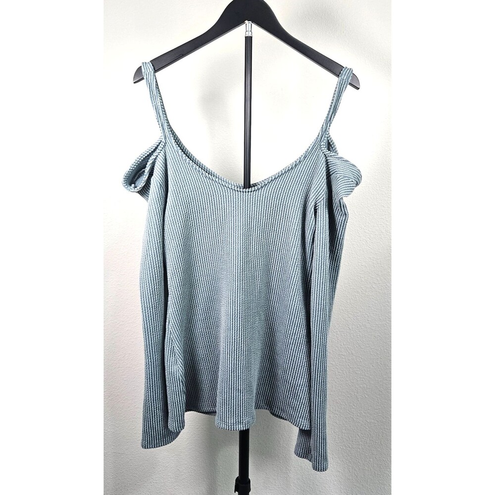 Blue Buttercup Women's Large Cold Shoulder Waffle Knit Top Blue Gray Boho USA